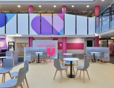 The mixed use socialising space at Warwick University Students' Union, designed by Retail Experience Design